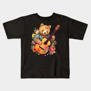 Cute Cottagecore Aesthetic Bear Guitar Floral Kids T-Shirt